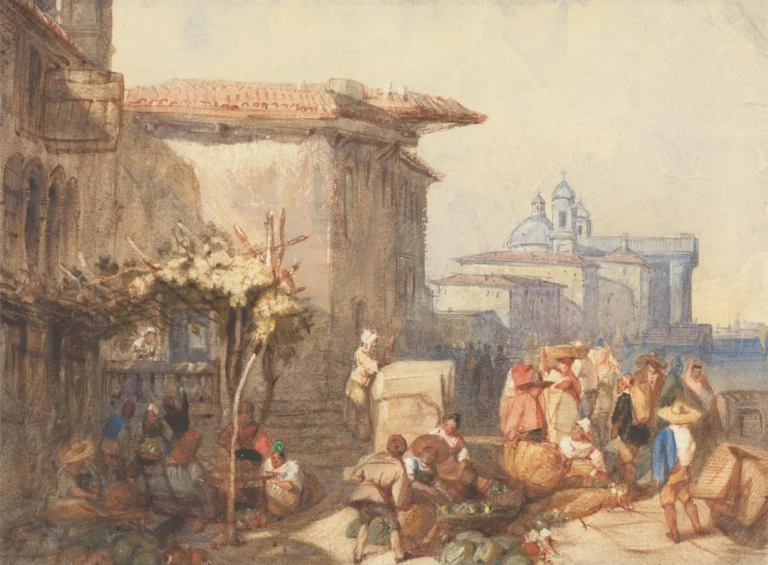 painting illustration of an old world marketplace, seo vs. geo in modern local markets